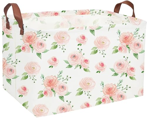 Essme Rectangular Rose Basket,Pink Storage Box, Flower Storage Bins Organizer with Handles for Girls Room Decor, Girl Basket,Shelf Basket.(Rose) .