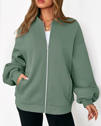 KIRUNDO Oversized Sweatshirt for Women Zip Up Bomber Jacket 2026 Fall Fashion Casual Long Sleeve Outerwear Winter Outfits(Light Green, XX-Large) — view 4