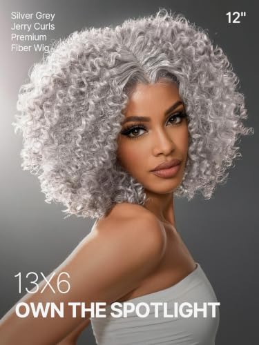 Image of Short Curly Wigs for Black Women 12 Inches Jerry Curly Wig Grey | 13x6 Frontal Lace Wig Glueless Wig Veralux Fiber Blend Human Hair 200% Density Ready to Go Headband Wig