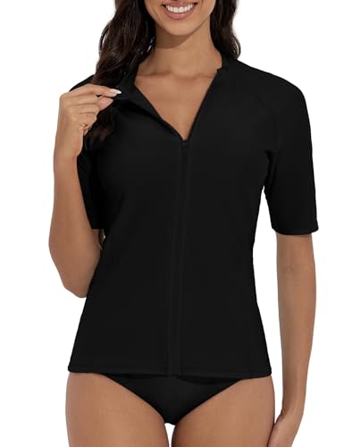 Tournesol Women's Rash Guard Short Sleeve Swim Shirt Zip Front Swim Top UV Sun Protection Swimsuit Top No Bra