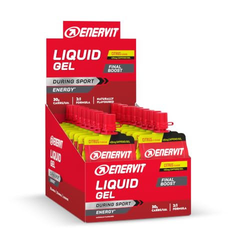 Enervit, Gel Líquido para Competir con Cafeína, Sabor Cítrico, Deportes de Resistencia, con 90 Gramos de Carbohidratos, 25 Miligramos de Cafeína, Maltodextrina y Fructosa, Envase de 18 (60 ml)