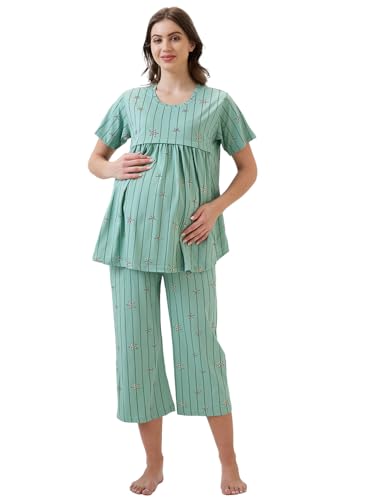 Image of AV2 Women's Cotton Printed Maternity & Feeding Night Suit Set of Top & Relaxed Capri Nursing Night Dress -2124