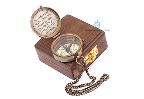Roorkee Instruments Solid Brass Directional Magnetic Compass Antique Nautical Vintage Quote Engraved With Thoreau's Scripture, Baptism Gifts With Rosewood Case For Son #TOP1