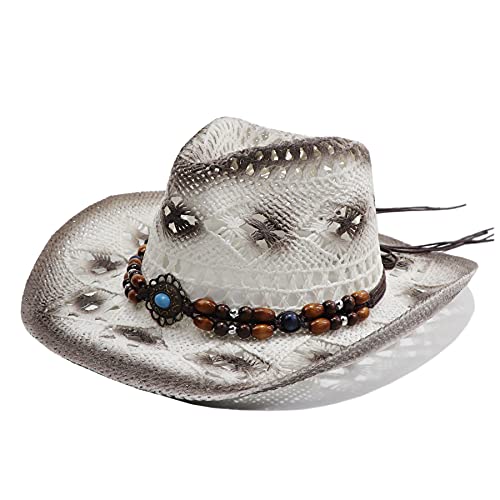 jiaoji Men & Women's Woven Straw Cowboy Cowgirl Straw Hat Cowboy Hats for Women Cowboy Hat Shapeable Brim, Beach Cowgirl (White-DimGray/Beads)