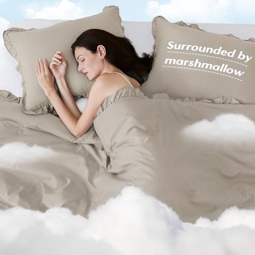 Image of HARBOREST King Comforter Set Linen - Ruffle Comforter for King Size Bed, Fluffy King Size Comforter Set for All Seasons, 3 Pieces (1 Comforter & 2 Pillow Shams)