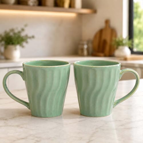 Image of The Earth Store Green Artisan Wave Coffee Mug - 340ML Ceramic Coffee Mugs Set of 2 | Microwave & Dishwasher Safe Mugs for Gift | Home | Office | Restaurant | Daily Use Tea Mug