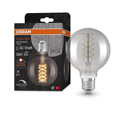 OSRAM Lamps 1906 LED-Lampe mit Smoke-Tönung, 7,8W, 360lm, Kugel-Form mit 95mm Durchmesser&E27-Sockel, warmweiße Lichtfarbe, spiralförmiges Filament, dimmbar,bis zu 15Stunden Lebensdauer, 4058075761216