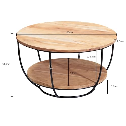 FineBuy Table Basse Acacia en Bois Massif 60 x 34,5 x 60 cm | Table d'appoint de Style Industriel avec 2 Plateaux – Image 4