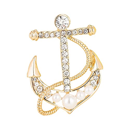 Pearl Boat Anchor Brooch, Premium Fashionable Temperament Imitation Decoration Pins,Rhinestone Cross Anchor Corsage,Clothing And Accessories Crystal Ornaments (Gold) #TOP7