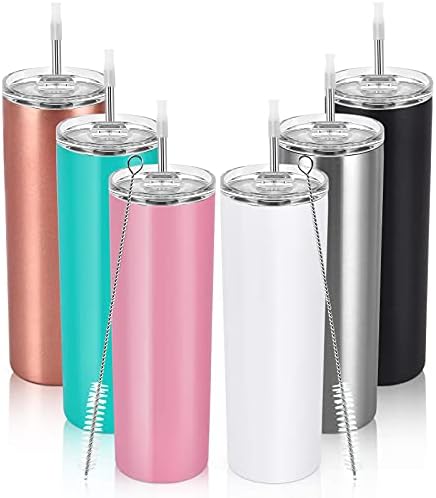 20oz Stainless Steel Skinny Tumbler, 6 Pack Double Wall Insulated Tumblers with Lid and Straw, Water Tumbler Cup, Slim Vacuum Travel Tumbler for Coffee Wine Drinks Tea Beverages