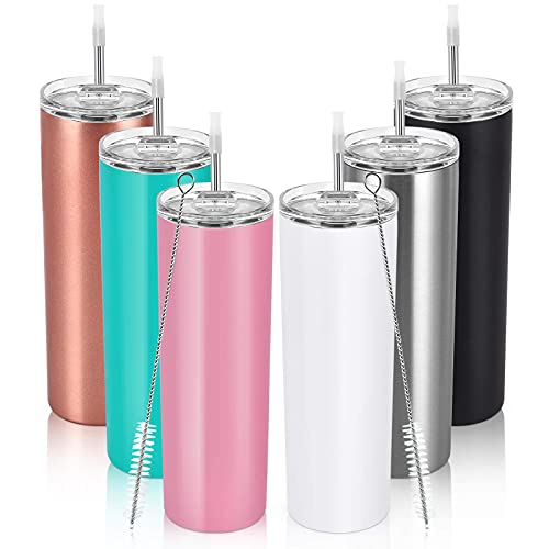 20Oz Stainless Steel Skinny Tumbler, 6 Pack Double Wall Insulated Tumblers With Lid And Straw, Water Tumbler Cup, Slim Vacuum Travel Tumbler For Coffee Wine Drinks Tea Beverages #TOP10
