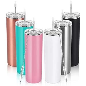 20oz Stainless Steel Skinny Tumbler, 6 Pack Double Wall Insulated Tumblers with Lid and Straw, Water Tumbler Cup, Slim Vacuum Travel Tumbler for Coffee Wine Drinks Tea Beverages