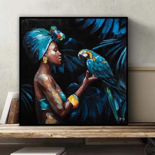 Tableau femme africaine et perroquet 65x65 cm | Déco murale salon moderne