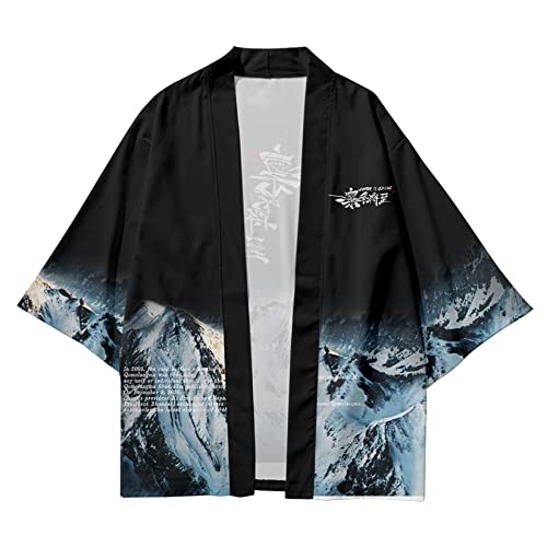 Image of DOSLAVIDA Men's Japanese Kimono Cardigan Suit Chinese Style Printed Jacket Pants Set Open Front Seven Sleeve Top & Shorts