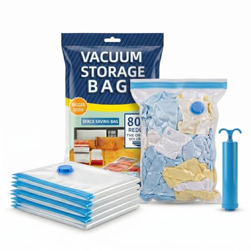 Image of Vacuum Storage Space Saver Compression Bags For Clothes and Blankets with Travel Hand Pump, Pack of 5 Polypropylene Reusuable Ziplock Bags, 2 Medium 2 Large and 1 Jumbo