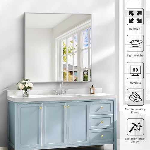 Image of COFENY Silver Bathroom Mirror for Wall, 30x30 Inch Square Mirrors with Metal Frame, Modern Vanity Wall Mirror Decor for Bathroom Sink, Living Room, Entryway Hangs Horizontal or Vertical