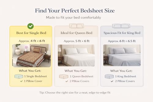 Image of elanorhomes 100% Cotton 240 TC Single Bed Sheet Set | Floral Hand Printed Bedsheet with Pillow Cover | Soft Breathable Fabric for Bedroom | 60x90 Inches (Scarlet Tide)