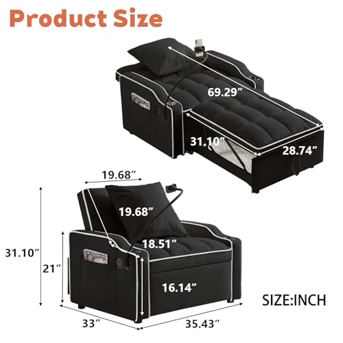 Sillón Convertible Plegable Negro miniatura 2