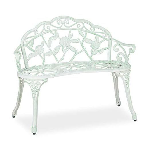 Relaxdays Banco Jardín Retro, 2 Plazas, Rosas, Envejecido, 78 x 98 x 55,5 cm, Aluminio y Hierro Fundido, Verde y Blanco