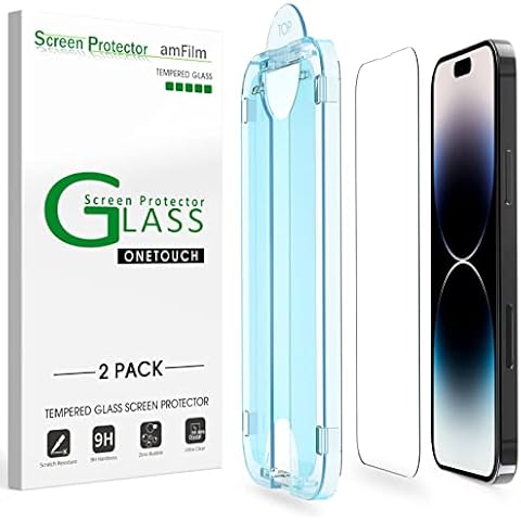 amFilm Screen Protector OneTouch Compatible with iPhone 14 Pro Max 6.7", Dynamic Island Compatible- with Easy Installation Kit, Full Coverage Case Friendly, Tempered Glass, 2 Pack Cover