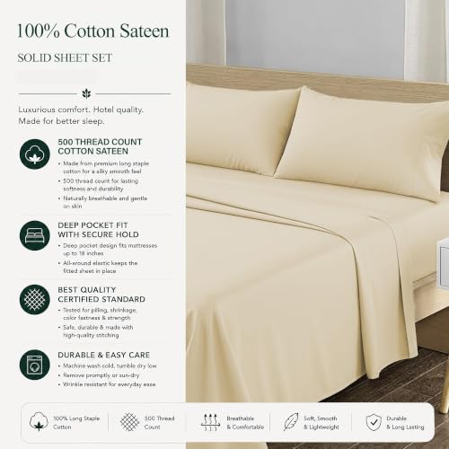 Image of Feather & Stitch 500 TC California King Size 4pc Damask Bed Sheet Set, 100% Soft Cotton Breathable Bedsheets, 18 inch Deep Pockets Sateen Weave Solid Bedding Mattress - (Solid Beige)