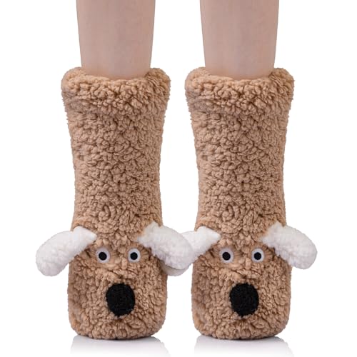 Eocom Kids Boy Girls Slipper Socks Crazy Funny Fuzzy Cute Animal Grips Winter Warm Fluffy Cozy Socks(Brown, 8-12 Years)