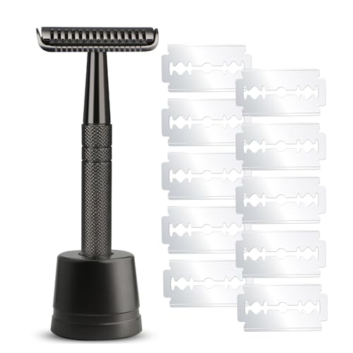 スタンド付きダブルエッジ安全カミソリ、ダブルエッジブレード10枚付き、シングルブレードカミソリ 男女兼用 長くて丈夫なステンレススチールハンドル、再利用可能な金属カミソリ、ブラック