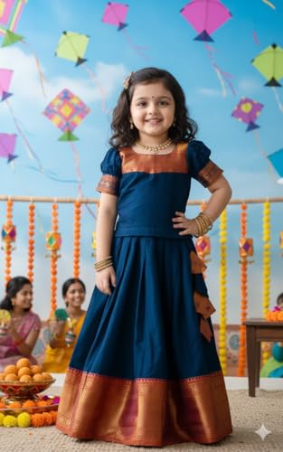 Image of R P CREATION Kids Silk Lehenga Choli Set | Zari Bordered Ghagra Choli | Traditional Ethnic Wear for Weddings, Poojas & Festivals
