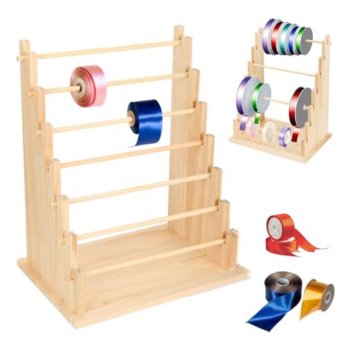 Image of Wooden Ribbon Organizer Rack,Large Capacity Ribbon Holder, Ribbon Spool Holder Stand, Washi Tape Storage Organizer, Wooden Sewing Organizer Display Shelf for Craft Room,Cake Shop,Flower Store (7 Tier)
