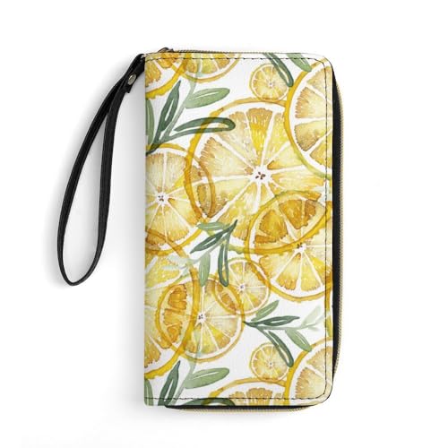 Niapessel Women's Wallets, Lemons Print Large Zip Around Leather Travel Long Purse with Wrist Strap Card Cases & Money Organizers