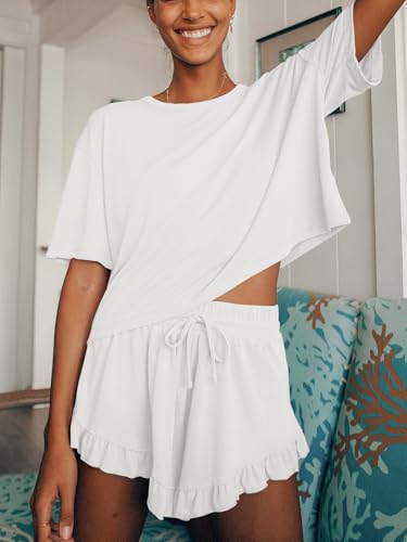 Tankaneo Womens Pajamas Set Lounge Sets Cropped Short Sleeve T Shirts Drawstring Ruffle Shorts Soft Sleepwear3