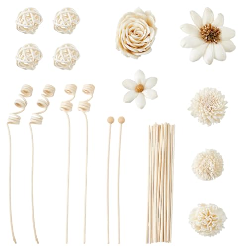 SUPERFINDINGS Set di 56 pezzi per diffusore a steli con 44 bastoncini di fiori in rattan naturale, decorazione profumata per casa, ufficio, bagno, camera da letto