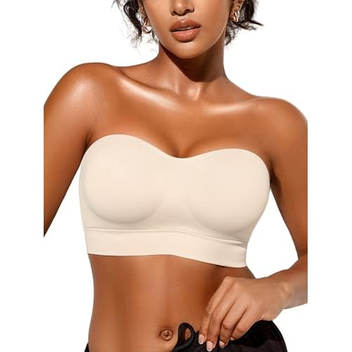 Strapless Bras for Women, S-XL, Non-Slip Silicone Padded Bandeau Bra with Free Clear Strap, Wireless Tube Top Bralette Beige X-Large