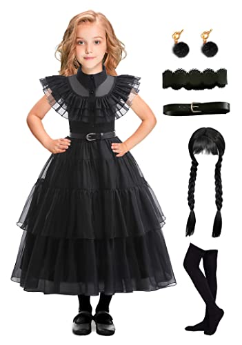 EOILFM Halloween Wednesday Addams Family Dress Costume Cosplay Girls Black Gothic Dress Up Outfit with Belt Party Show for Kids