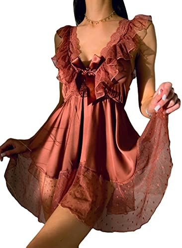 Milumia Women's Satin Lace Chemise Nightgown Bow Tie Ruffle Swiss Dots Lingerie Dress Sleepwear Rust Brown Small