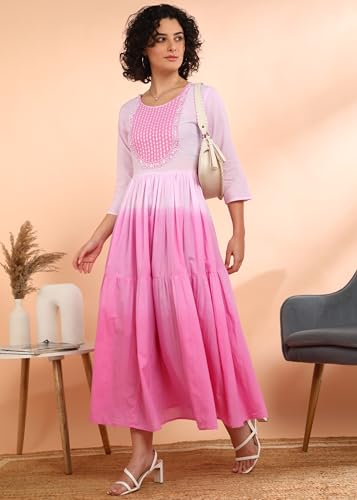 Image of Maaesa Women Embroidered Cotton Flared Dress