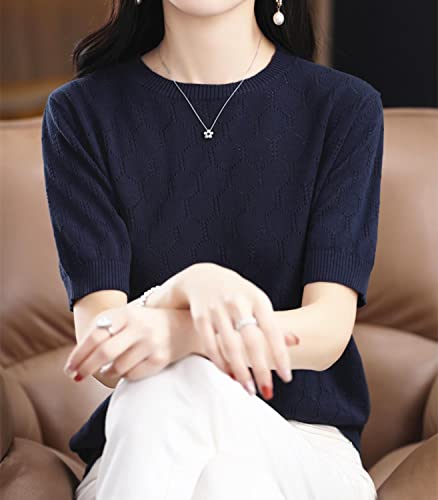 Image of Summer Hollow Out T-Shirt Women's Short Sleeve Sweater Cotton Knitted O-Neck Lightweight Pointelle Breathable Tops