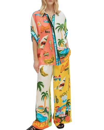 SANSIWU Damen Boho 2-teiliges Outfit Bohemian Print Kurzarm Knopfleiste Hemd + Kordelzug Hose Set Beachwear, gelb, 38