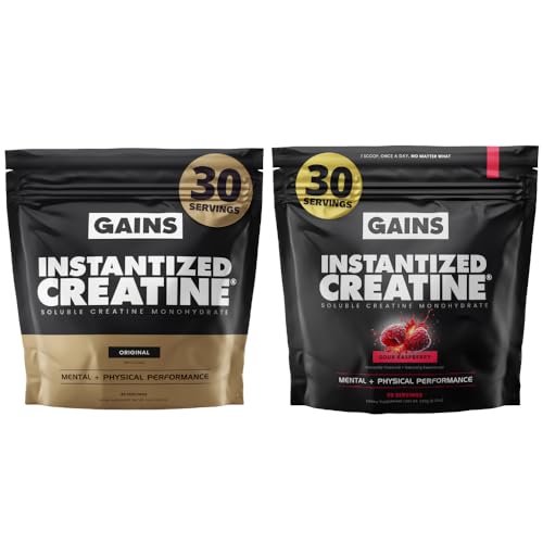 Gains in Bulk Intantized Creatine Bundle, Soluble Pre Workout Powder, Supports Muscle Building, Strength and Performance, Unflavored and Raspberry, 60 Servings