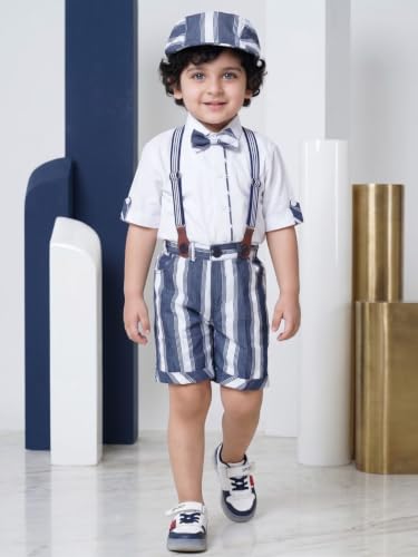 Image of AJ DEZINES Kids Cotton Blend Stripes Shirt Shorts With Cap and Suspender Set For Boys