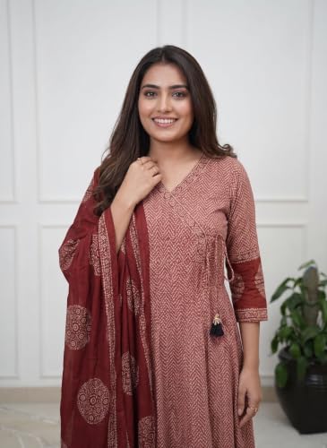 Image of Nermosa Women Printed Viscose Anarkali Kurta and Pant with Dupatta | Printed Kurta Set | Viscose Kurta Set | Summer Office Wear |