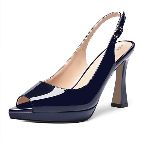 MOVINSTEPS Womens Buckle Fashion Adjustable Strap Patent Wedding Pointed Toe Platform Spool High Heel Pumps Shoes 4 Inch