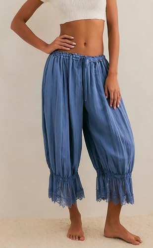 Image of NUFIWI Women Ruffle Long Bloomer Y2k Lace Trim Pettipants Pantaloons Mid Rise Cropped Pajama Pants Under Dress Slips