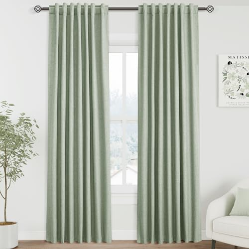 Image of Nanspring Light Sage 100% Blackout Linen Curtains 84 Inch Length 2 Panels Set for Bedroom Back Tab Modern Farmhouse Decor Black Out Curtain for Living Room Office Thermal Insulated Drapes 52x84