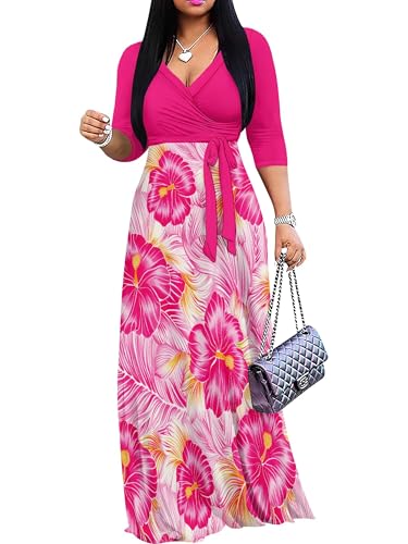 Image of Women's V Neck Floral Maxi Dress 3 /4 Sleeve Plus Size Boho Wrap Flowy Long Dresses with Belt