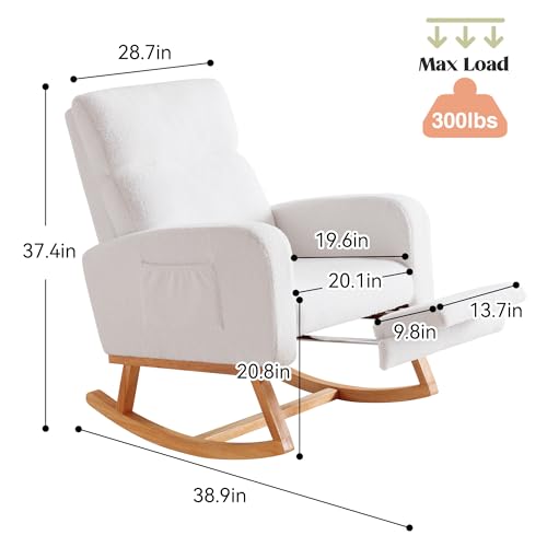 HCHAIRH Rocking Chair Nursery with Foot Rest, Nursing Rocking Chairs for Mom Nursery, Teddy Rocker Glider with High Backrest for Living Room, Bedroom, White