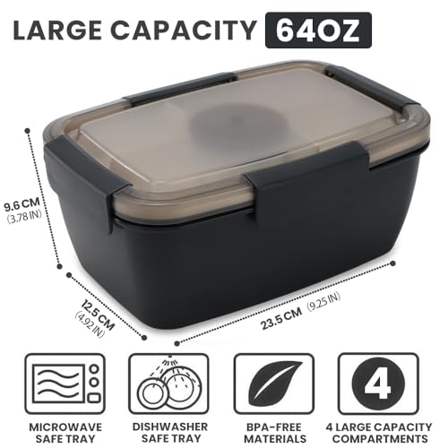 Bugucat Lunchbox Erwachsene 2000ML,Auslaufsichere Brotdose Erwachsene Bento Box mit Fächern für Kinder,Salatbehälter Salatbox to Go mit Gabel,Brotdose Frühstücksbox für Schule Picknick,Schwarz 2