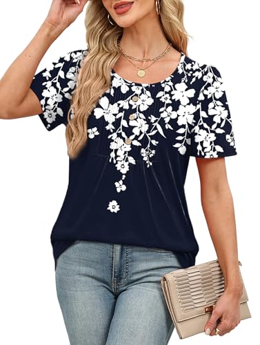 Image of Womens Tops Dressy Casual Blouses Short Sleeve Shirts Plus Size Fashion Clothing Spring Summer Outfits Button Pleated Front
