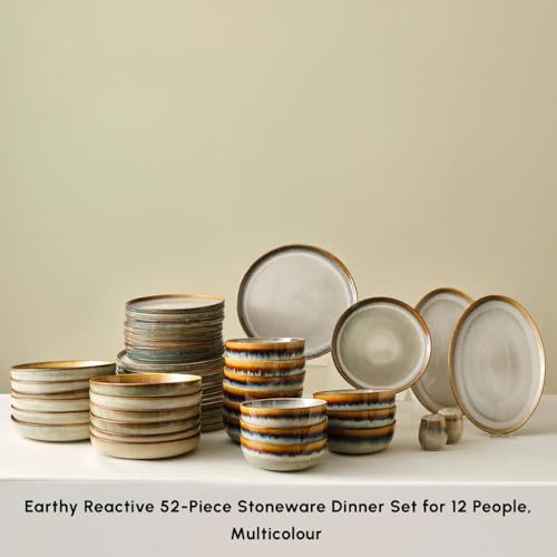 Karaca Earthy 52-Piece Stoneware Dinner Set for 12 People, Rustic Design with Reactive Glaze Finish Plates and Bowls Set, Microwave & Dishwasher Safe, Ideal Dinnerware for Everyday & Special Occasion