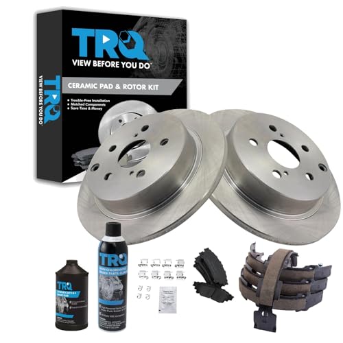 Image of TRQ Rear Brake Pad & Rotor Kit, with Chemical Kit Parking Brake Shoe Set Ceramic Compatible with 2016-2019 Toyota Mirai 2012-2017 Prius V